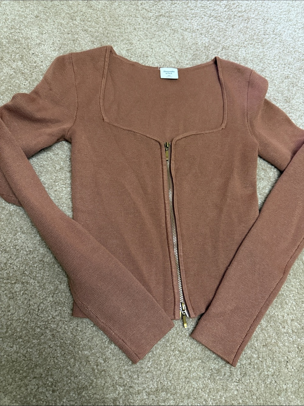 Abercrombie & Fitch Rust Brown Zip-Front V-Neck Sweater